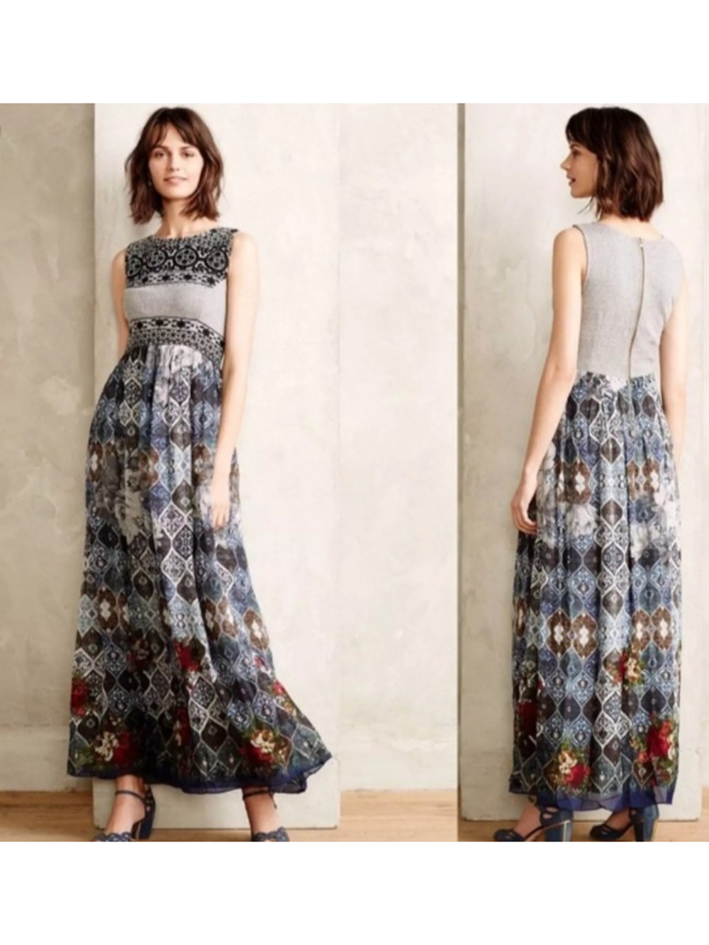 Anthropologie Hemant Nandita Revolve Beaded Maxi Dress XS Silk Embellished Gray